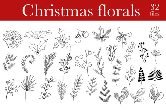 Christmas Botanical Floral Doodles Illustrations