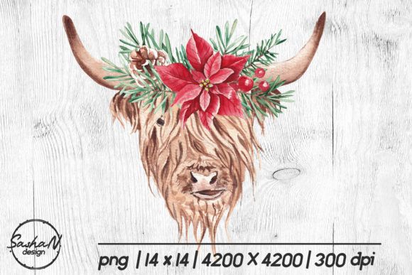 Christmas Highland Cow Illustration for Crafting and Design