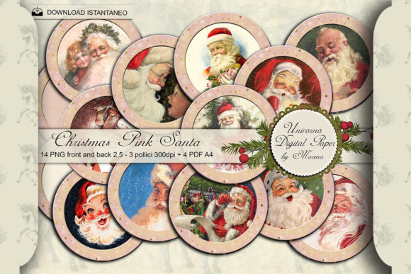 Christmas Pink Santa Digital Rounds Illustrations