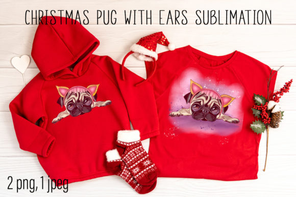 Christmas Pug in with Ears Sublimation Illustrations