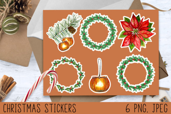 Christmas Stickers, Lantern, Poinsettia Illustrations