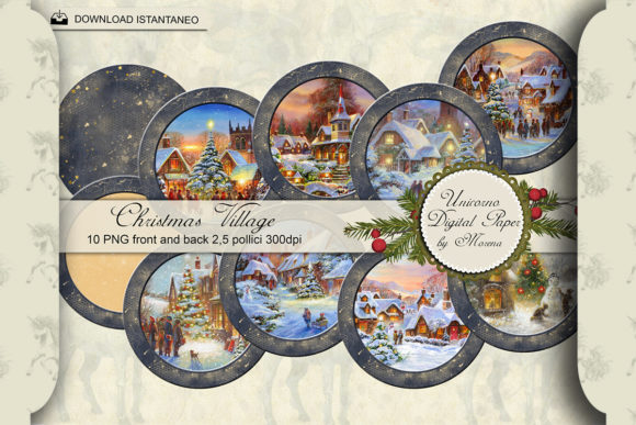 CHRISTMAS VILLAGE Round Collage Sheet Illustrations