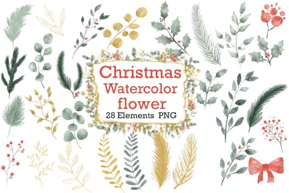 Christmas Watercolor Flower Leaf Illustrations