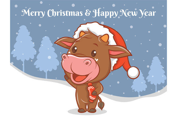 Cute Cow with Christmas Greeting Banner Illustrations