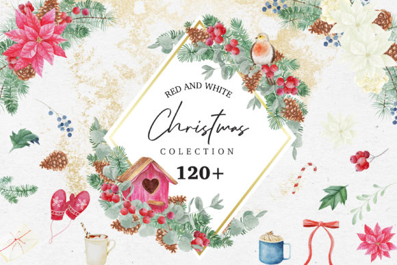 Red White Christmas Watercolor Bundle Illustrations