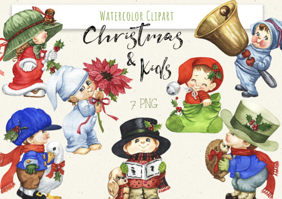 Watercolor Christmas and Kids Clipart for Editorial Use