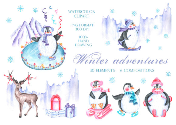 Winter Penguins Clipart. Christmas. Illustrations